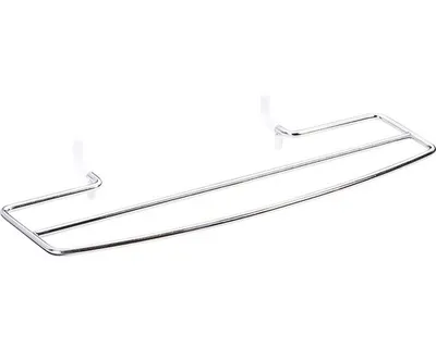 A silver metal towel rack with two bars, designed to hang on a radiator.