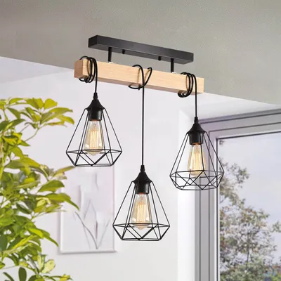 Produktbild von Pendelleuchten, Schwarze Hängeleuchte, Pendellampe mit Holz-Halter, E27-Fassung Dekolampe, 3-Flammig Vintage Dekoleuchte, Esstisch, Wohnzimmer