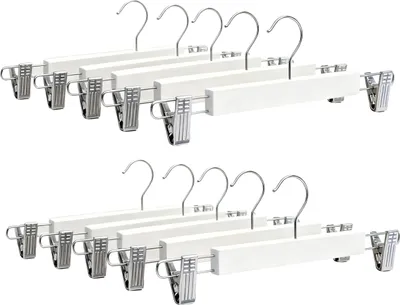 Obrázek produktu pro Relaxdays – sada 10 kalhotových věšáků, každý se 2 sponkami, věšáky na kalhoty a sukně, rozměry: 12 x 36 x 1,2 cm, dřevo a železo, bílá barva