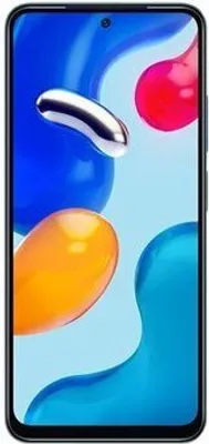 A smartphone with a colorful abstract wallpaper on its screen.