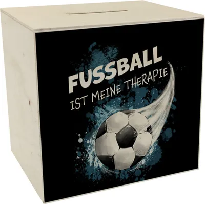 Produktbild von Fußball ist meine Therapie Spardose aus Holz mit Fußball-Motiv in blau