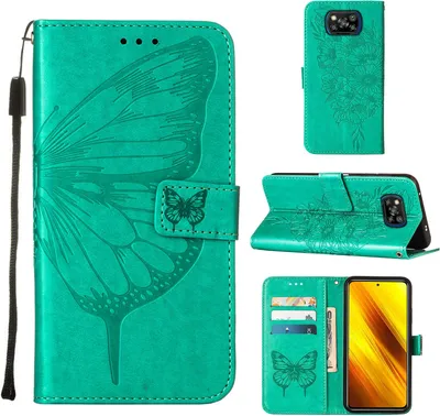 Produktbild von Xiaomi Poco X3 NFC Hülle, Schmetterling Prägung Flip Leder Kartenfächer Schutzhülle Ledertasche mit Ständer für Xiaomi Poco X3 NFC / X3 / X3 Pro Grün