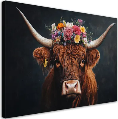 Produktbild von Leinwandbild Highland-Kuh Blumen 60x40 Feeby Bunt bild für die wand bereit zum aufhängen