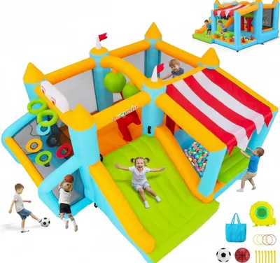 Image de Structure gonflable XXL 380 × 328 × 205 cm Parcours d'obstacles avec ventilateur Enfants de 3 à 12 ans, structure gonflable d'intérieur avec protection solaire, box-ball, lancer d'anneaux, piscine à balles - Kit complet