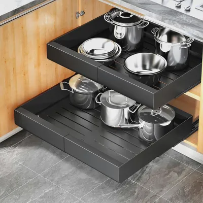Produktbild von 2x Teleskopschublade mit 3 Führungsschienen - Ausziehbare Schublade für Küche, Bad, Schrank - Montage mit Nanoklebeband oder Schrauben (43x30-50x5,8 cm, Schwarz)