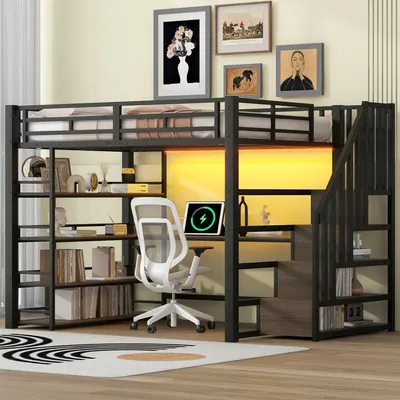 A loft bed with a desk and shelves underneath, illuminated by yellow LED lights.