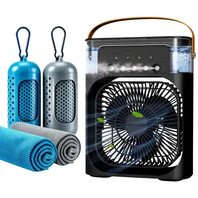 Produktbild von Tragbare Standventilatoren mit Kühlhandtuch Set,3 Geschwindigkeiten,Timer, 600ml Wassertank, LED Display,USB Klimaanlagen,2 x Cooling Towel 100 x 30cm
