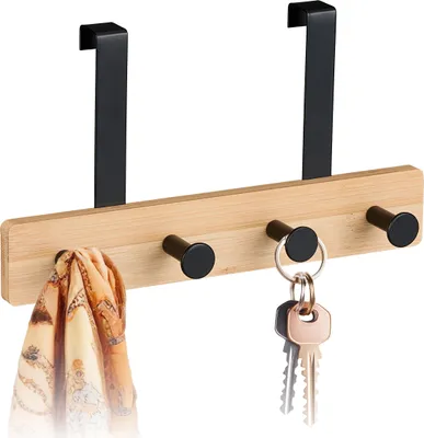 Produktbild von Relaxdays Türgarderobe, 4 Haken, Hakenleiste zum Einhängen, für 2 cm Tür, Bambus & Metall, Kleiderhaken, natur/schwarz