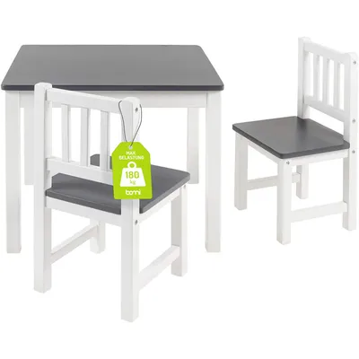 A white wooden table and two chairs with gray seats and tabletops, set against a white background. A green tag hangs from one of the chairs.