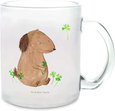 Produktbild von Mr. & Mrs. Panda Teetasse Hund Kleeblatt - Transparent - Geschenk, Pott, Tee Tasse, Süß, Viel Glück, Haferl, Glas, aus, Sprüche