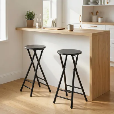 Produktbild von Barhocker 2er Set klappbar, Küchenstuhl Barstuhl, MDF Stahlgestell, doppelte Fußstütze, Schwarz | 34 x 30 x 70 cm | 4,9 kg