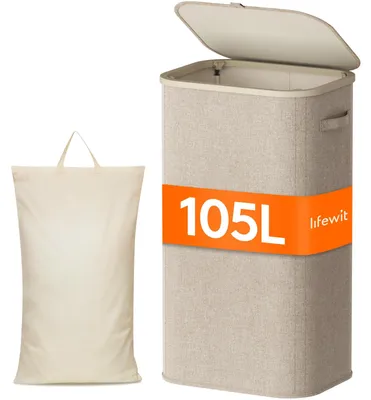 Waschkorb mit Deckel, 105 l, faltbar, Beige