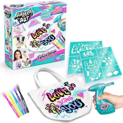 A product shot of an Airbrush Art Fashion Design kit, including the box, a tote bag with airbrushed designs, stencils, and an airbrush gun.