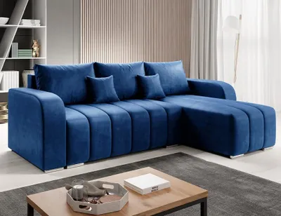 Produktbild von Velvet Ecksofa in L-Form 245 x 86 x 147 cm mit Schlaffunktion und Bettzeugbehälter - Schlafsofa mit Bettkasten - Eckcouch mit Stauraum - Rechts Couch Velours - Farbe: Blau MO77