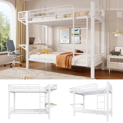 Image de Lit superposé Merax, 90 x 200 cm, avec bureau, lit superposé avec espace de rangement ouvert, échelle et barrière de sécurité, lit pour enfants, lit pour adolescents, blanc