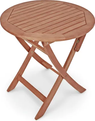 A round wooden folding table on a white background.