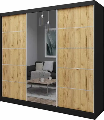 Produktbild von AGMAT Schwebetürenschrank Kira, Kleiderschrank mit 3 Türen und Spiegel, Moderne Garderobe in Farbe: Schwarz / Artisan, Schrank in Größe: 240 x 216 x 61 cm
