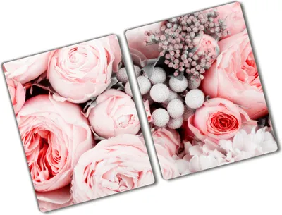 Produktbild von Tulup Glas Herdabdeckplatte - 2x40x52 cm - Glaskeramikkochfeld-Abdeckung Spritzschutz Glasabdeckplatte Kochplattenabdeckung und Schneidebrett - Zweiteilig - Blumen & Pflanzen - Blumenstrauß - Rosa