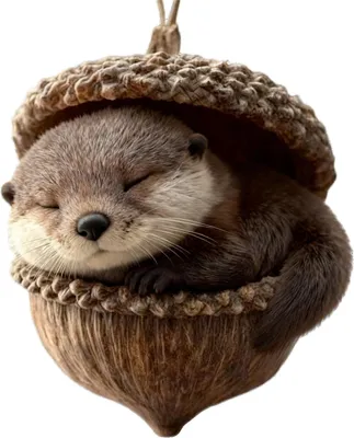 A cute, sleeping otter curled up inside a large acorn.