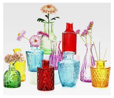 Produktbild von Set aus 10 bunten Knospenvasen, verschiedene kleine Glasvasen, vintage Blumenvase, einzelne Knospenvase in Großpackung für Tischdekoration, Partys, Hochzeitsdekoration, Büro