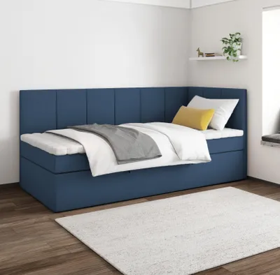 Produktbild von Boxspringbett POLA 100x200 cm, T25 Topper, Kinderbett, Jugendbett, Einzelbetten, Bett, Stauraum Polsterbett, Matratze, RECHTS (Dunkelblau - Itaka 11)