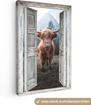 Obrázok produktu pre MuchoWow® - Plátno - Škótsky horal - Krava - Vidiek - Pohľad, obraz na stenu, nástenné dekorácie obrazy obývacia izba, 60x90cm
