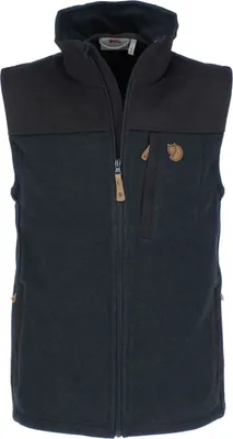 A front view of a navy and black fleece vest.
