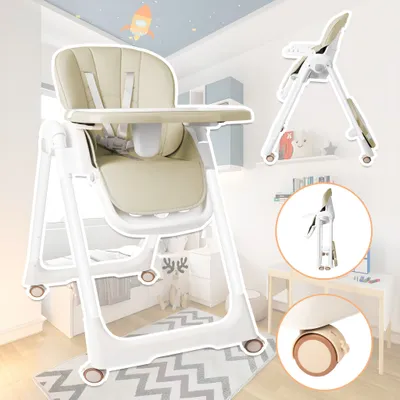 Image de UISEBRT Chaise haute pliante pour bébé avec rembourrage, harnais 5 points et tablette réglable en hauteur, double plateau, siège enfant pliable - Beige