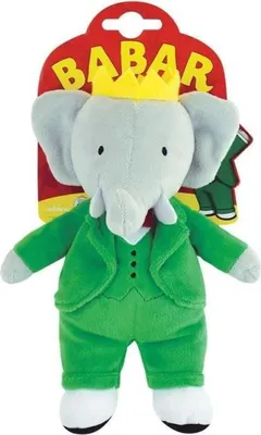 A plush toy of the character Babar the Elephant, wearing a crown and a green suit, displayed on a white background with its packaging.