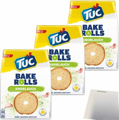 Produktbild von TUC Bake Rolls Brotchips Knoblauch 3er Pack (3x150g Packung) + usy Block
