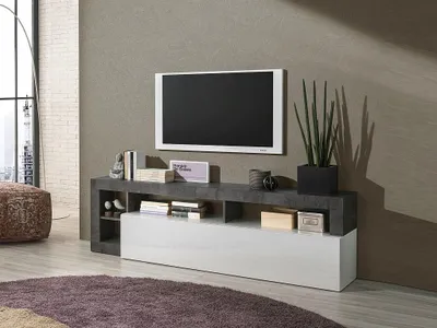 Produktbild von TV-Möbel mit 1 Tür & 4 Ablagen - Weiß lackiert & Beton-Optik - SEFRO