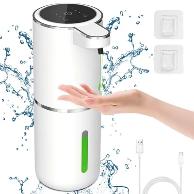 Image de Distributeur automatique de savon avec voyant de fonctionnement, distributeur électrique de savon liquide de 380 ml avec capteur, 4 niveaux de dosage, distributeur mural automatique pour la salle de bains et la cuisine.