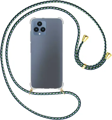 Produktbild von Handykette Backcover-Schutzhülle mit Band (Metall goldfarben) für Telekom T Phone (T-Mobile Revvl 6 5G) - grün/blau/weiß
