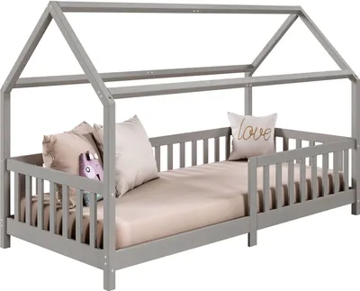 Produktbild von Hausbett NINA aus massiver Kiefer, schönes Montessori Bett in 90 x 200, minimalistisches Kinderbett mit Dach in grau