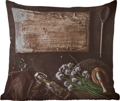 Produktbild von MuchoWow® Outdoor Kissen - Schneidebrett - Kräuter - Löffel - Küche - Rustikal - Mörser - Schnittlauch - 60x60 cm - Wetterfest - Lounge Kissen - Dekoration - Schlaf Kissen