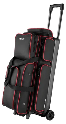 Produktbild von VEVOR Bowlingballtasche, 2-Ball-Doppelroller-Bowlingtasche mit Rädern, mit einem separaten Fach für Schuhe (bis US-Größe 16) und übergroßer Zubehörtasche, ausziehbarer Griff bis 1050 mm, Schwarz & Rot-3 Bälle