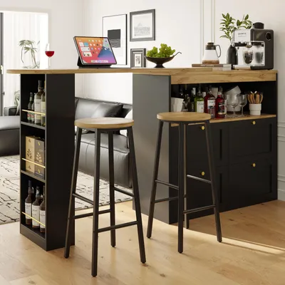 Immagine prodotto di Tavolo da bar okwish con 2 sgabelli da bar neri, aspetto legno, tavolo da cucina con cassetti e griglie laterali, adatto per cucina o sala da pranzo, colore nero