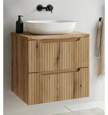 Produktbild von Badezimmer Waschtisch mit 60 cm Breite in Eiche mit gerillter Front & Baumkantenoptik, 2 Schubladen - NEWPORT-56-EVOKE