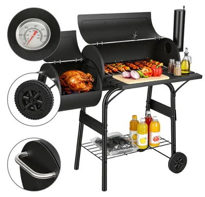 Produktbild von Izrielar Holzkohlengrill mit Grillrost, Grillstation auf Rollen mit 2 Kammern, Grillwagen Gartengrill mit 2 Rädern und Temperaturanzeige