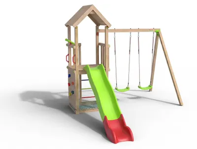 Produktbild von Spielturm Alice inkl. Doppelschaukel + Rutsche grün-rot