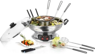 Produktbild von Elektrische Fondue-Set für Fisch und Fleisch - inkl. Grillplatte und Glasdeckel - 4-Liter-Fassungsvermögen - 2 Wärmezonen - elektrische Hot Pot-Satz - Edelstahl-Fondue-Set