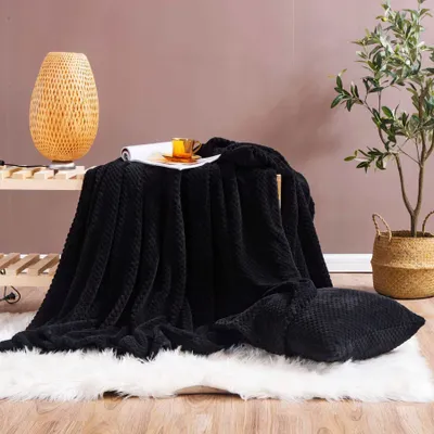 A black blanket is draped over a table, with a pillow on a white rug in front of it. A lamp and a plant are also in the scene.