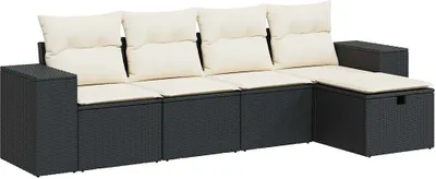 Produktbild von Modulares Gartenmöbel-Set, 5-teilig, mit Stauraum und wasserfestem Beutel, Poly Rattan Schwarz, Cremeweiße Kissen, UV-beständig