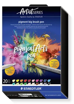 Produktbild von STAEDTLER pigment big brush 373 Tuschestift mit großer Pinselspitze Etui mit 20 Farben und Blender