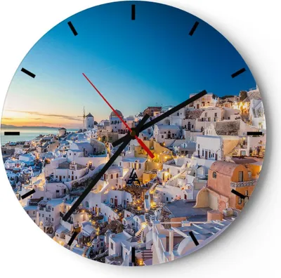 Produktbild von Wanduhr - Rund - Glasuhr - Griechenland Insel Sommer - 40x40cm - Schleichendes Uhrwerk - Lautlos - zum Aufhängen bereit - Dekoration Modern - Wanddekoration aus Glas - C3AR40x40-4062