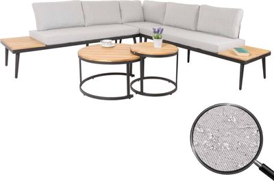 Zahradní set HWC-H54c, lounge set, stolek Spun poly akáciové dřevo ocel  světle hnědá, polštáře světle šedá