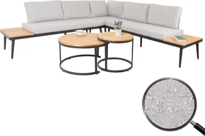 Produktbild von Garten-Garnitur MCW-H54c, Lounge-Set, Beistelltisch Spun Poly Akazie Holz Stahl hellbraun, Kissen hellgrau