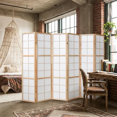 Produktbild von Homestyle4u Paravent Raumteiler 6 teilig Indoor Holz Natur Reispapier Weiß Höhe 175 cm