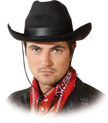 Produktbild von schwarzer Cowboyhut aus 100% Polyester Kopfweite 59/60 mit Hutband und Kordel