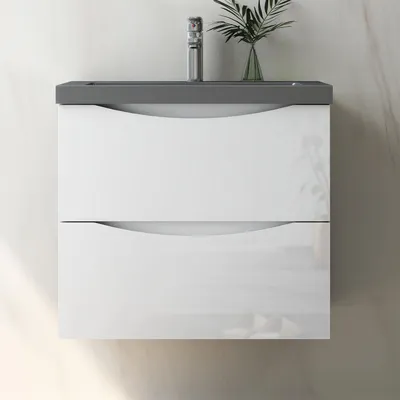 Produktbild von Badmöbel Set 60 cm Smiley Hochglanz Weiß Waschbecken Dunklegrau mit Unterschrank Hängeschrank Softclose